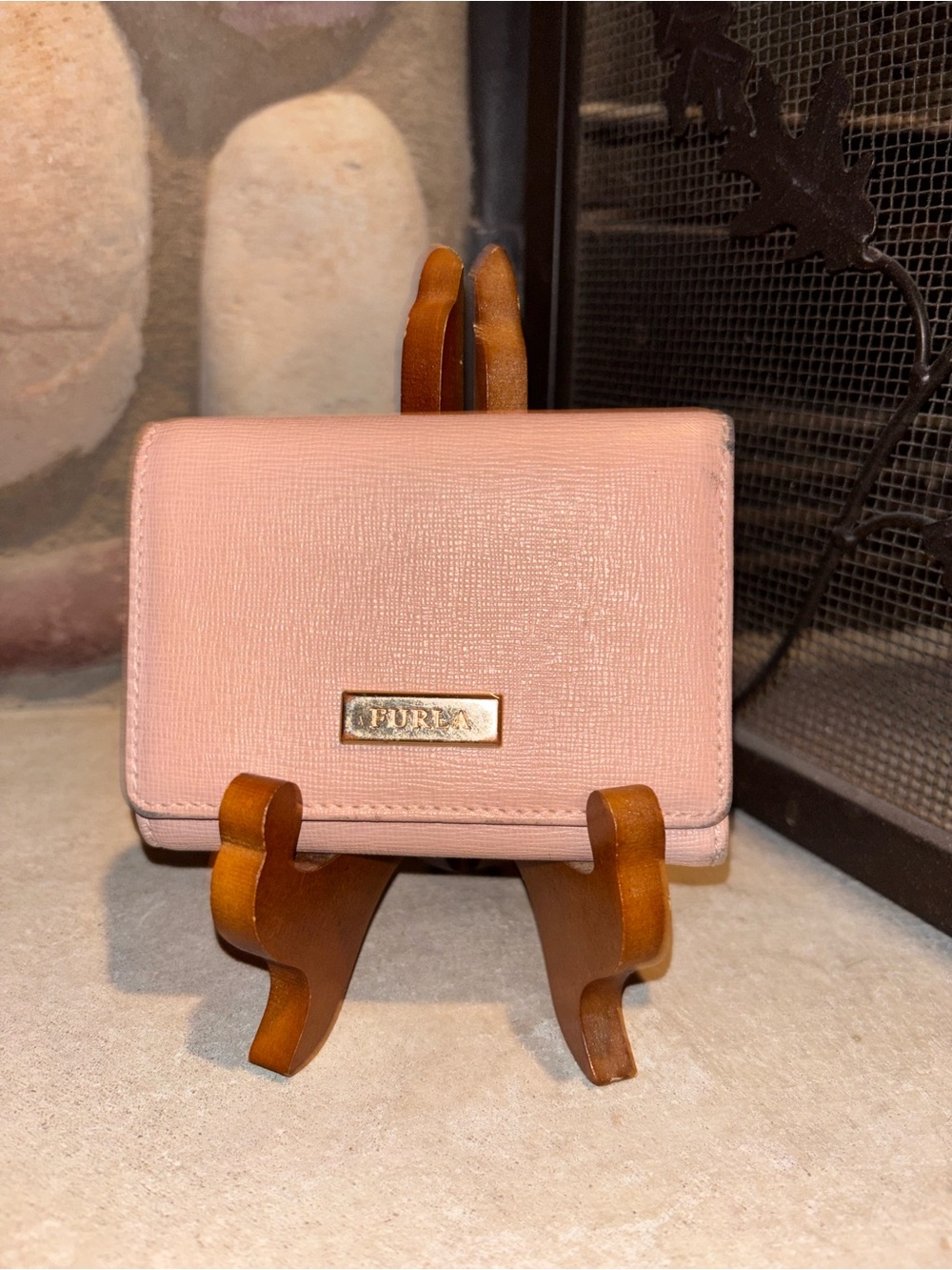 Furla Blush Pink Saffiano Fold Wallet with Gold Plaque